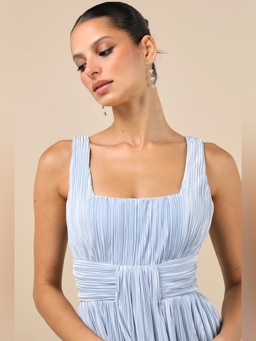 Lulus Ameena Light Blue Plisse Square Neck Sash Maxi Dress Wedding Party Prom - Picture 4 of 9